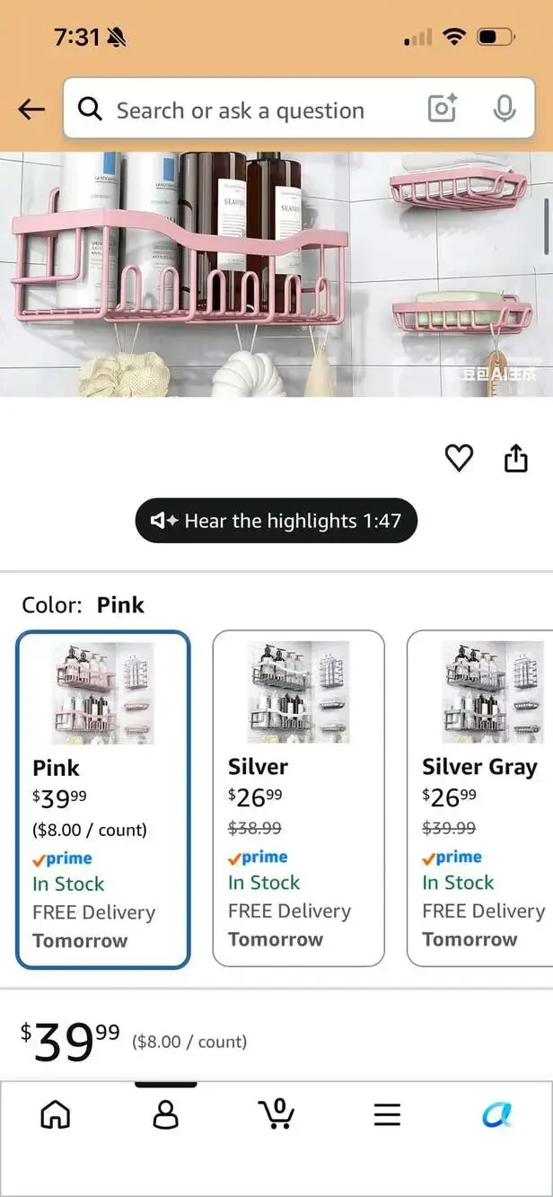 NIB Youvip Pink Shower Caddy Organizer 5-Pack Adhesive Rustproof Bathroom Storag